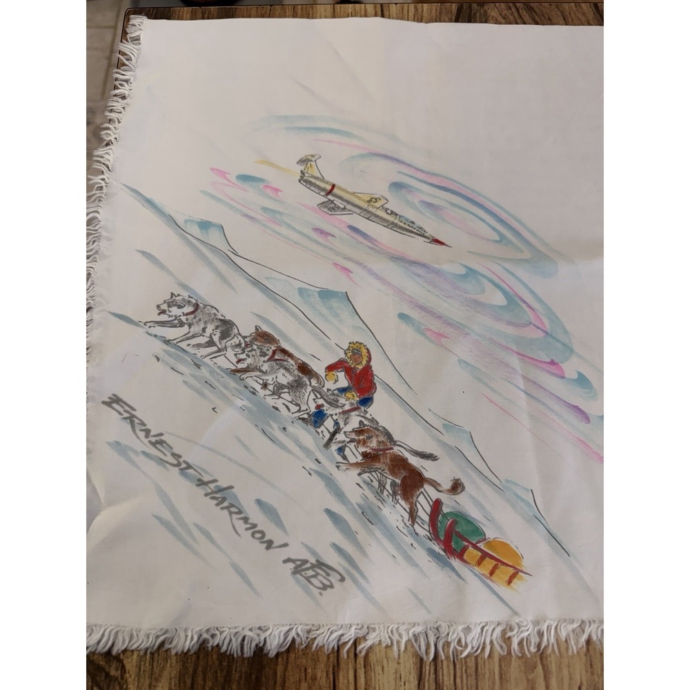 Vintage Ernest Harmon AFB Newfoundland Souvenir Scarf Silk Dog Sled Jet Pilot